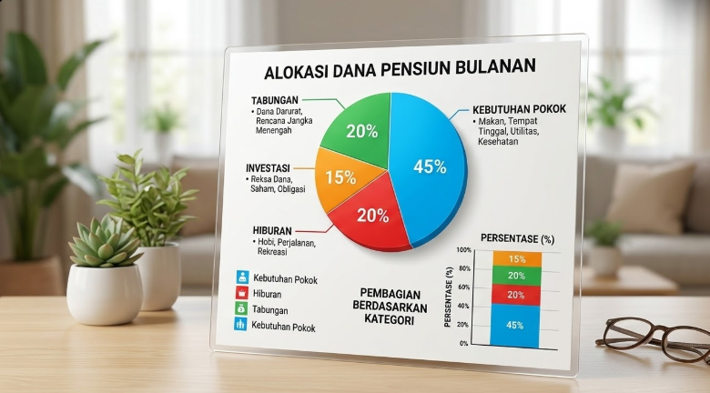 Diagram pengelolaan dana pensiun bulanan untuk kebutuhan pokok, tabungan, dan hiburan